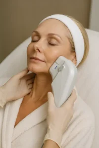 Woman receiving HIFU non surgical facelift treatment Glossop
