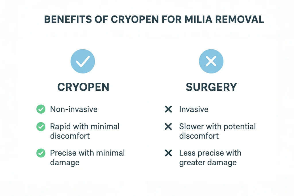 Benefits of cryopen for milia removal Glossop compared to surgical treatments.