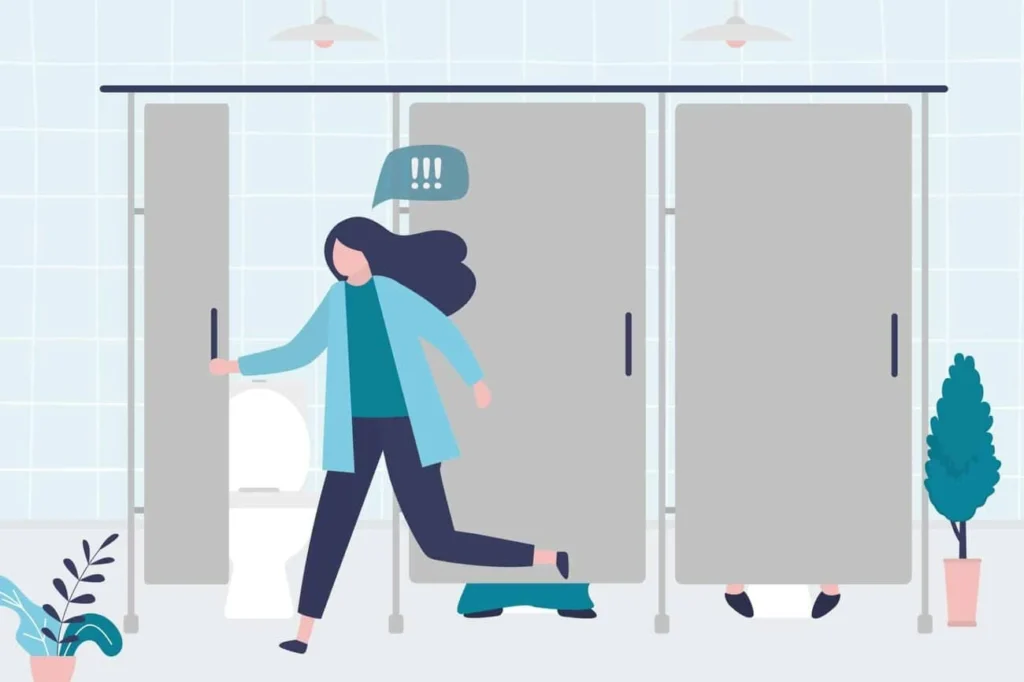 graphic of Urine incontinence Glossop woman running to the toilet.
