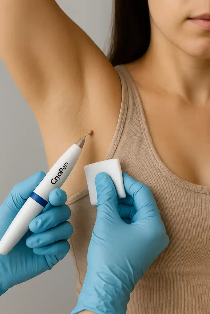 woman having cryopen to remove underarm skin tags Glossop