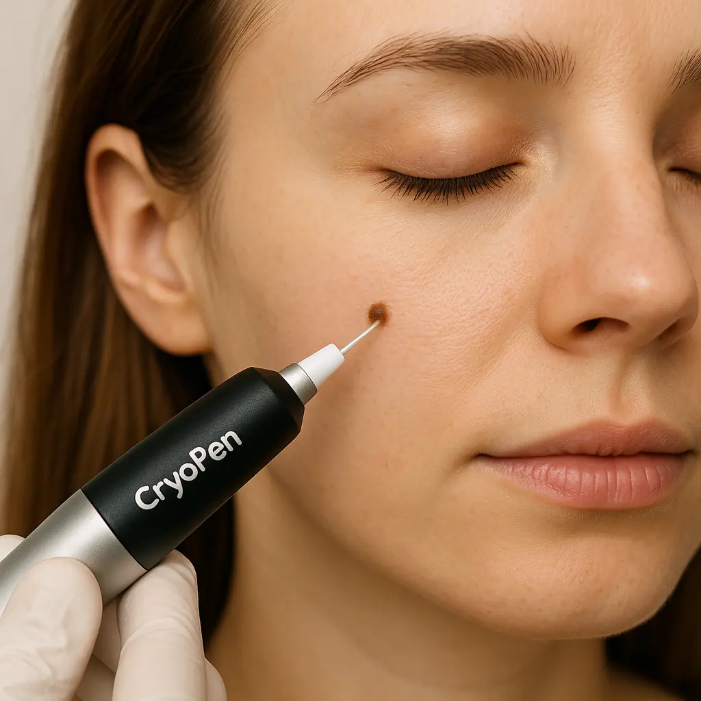 woman receiving facial mole removal Glossop using cryopen