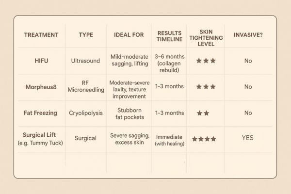 Table showing the comparisons of Skin tightening Glossop treatment options.